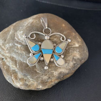 Zuni Butterfly Pendant Necklace | Turquoise & Yellow Mother of Pearl Inlay | Sterling Silver | 14208