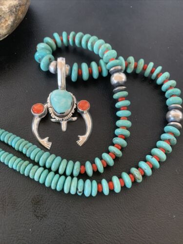 Navajo Sterling Silver Necklace | Blue Turquoise & Spiny Oyster Naja Pendant | Authentic Native American Handmade | 2060
