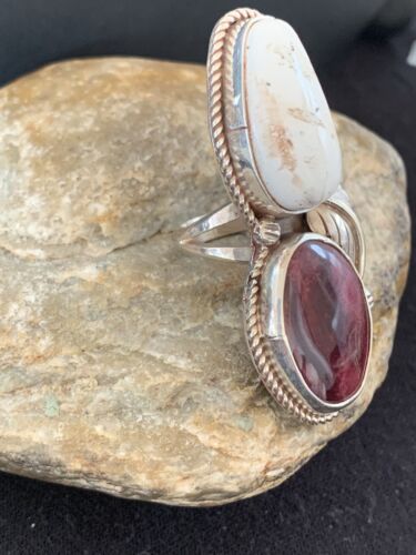 Navajo White Buffalo Turquoise & Spiny Oyster Multi-Stone Ring | Authentic Native American Sterling Silver | Sz 9 | 308