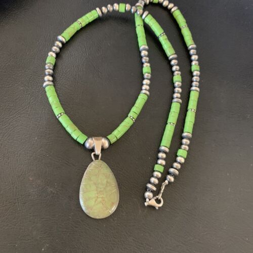 Navajo Green Gaspeite Turquoise Pendant | Sterling Silver | Authentic Native American Handmade | 12286