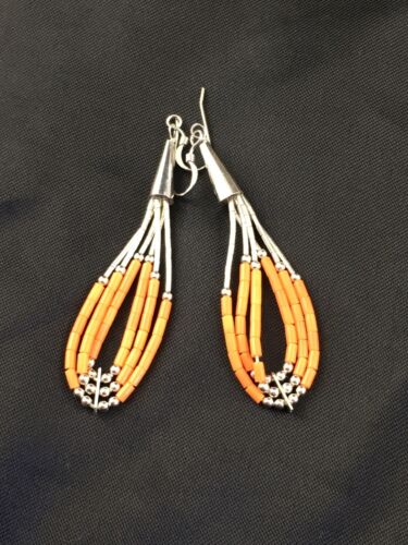 Native American Liquid Silver Heishi Dangle Earrings | Orange Coral | Sterling Silver | 2" | 2033