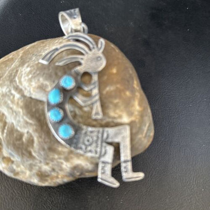 Navajo Kingman Turquoise Tufa Cast Kokopelli Pendant | Authentic Native American Sterling Silver | Multi-Stone | 14230