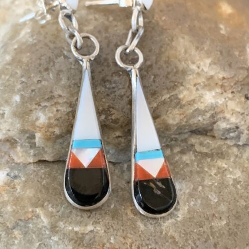 Old Pawn Zuni Multi-Color Turquoise Onyx Inlay Earrings | Sterling Silver | Authentic Native American Handmade | 2043