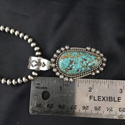 Navajo Pearls Sterling Silver Necklace with Blue #8 Turquoise Pendant | 2.7" | Authentic Native American Handmade | 10151