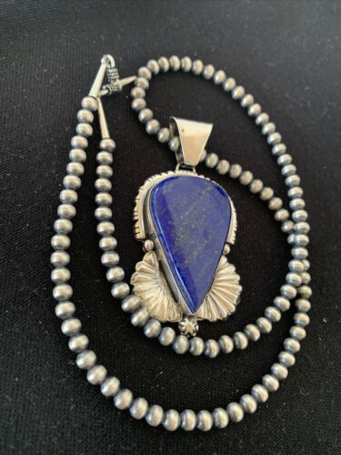 Native American Men's Navajo Pearls Necklace Pendant | Sterling Silver Blue Lapis | 1539