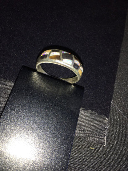 Navajo Men's White Opal & Black Onyx Inlay Ring | Sterling Silver | Sz 13.5 | Authentic Native American | 01789