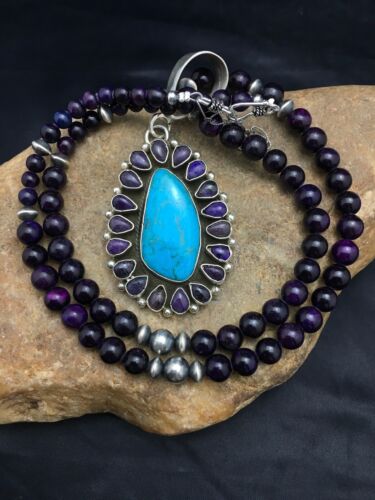 Navajo Purple Sugilite Turquoise Necklace | Sterling Silver | 23" | Authentic Native American Handmade  | 1001