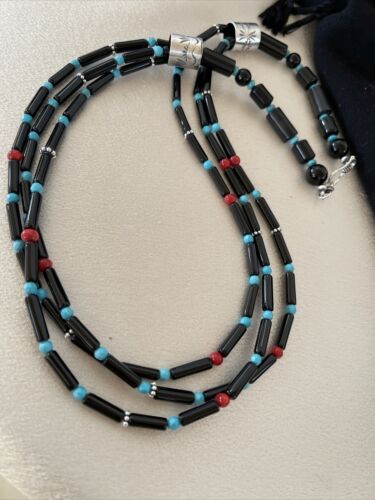 Navajo Black Onyx Coral Turquoise Bead Necklace | 3-Strand Sterling Silver | 24" | 1230