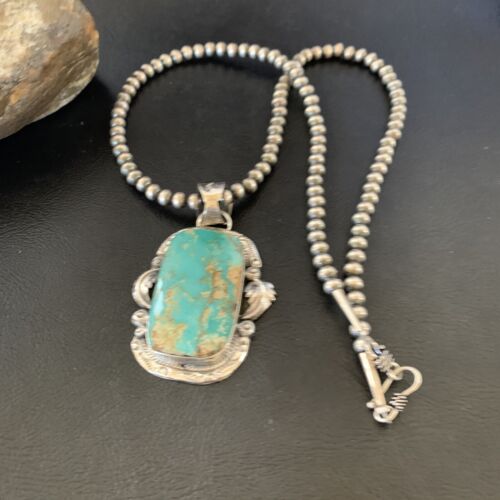 Navajo Pearls Necklace with Blue Royston Turquoise Pendant | Sterling Silver | Native American Handmade | 12289