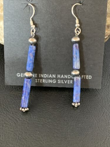 Navajo Denim Lapis Lazuli Bead Dangle Drop Earrings | Sterling Silver | Authentic Native American Handmade | 13040