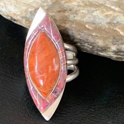Navajo Red Spiny Oyster Opal Inlay Ring | Sterling Silver | Sz 10 | Authentic Native American Handmade | 12845