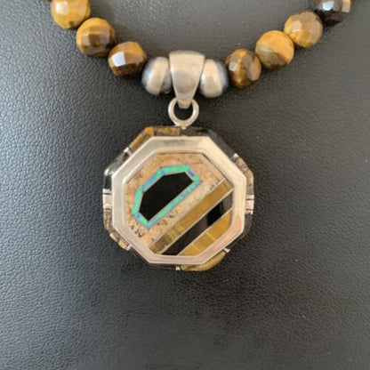 Navajo Tiger's Eye & Spiny Oyster Necklace | Sterling Silver Pearls | 20" | Inlay | Authentic Native American Handmade | 01459