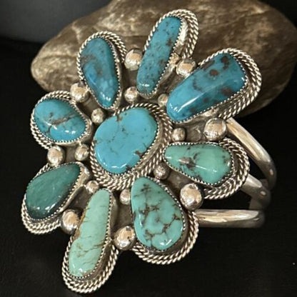 Navajo Sterling Silver Cluster Kingman Turquoise Cuff Bracelet | Authentic Native American Handmade | 14586