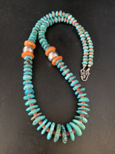 Navajo Natural Turquoise & Spiny Oyster Necklace | Sterling Silver | Authentic Native American | 25" | 13493