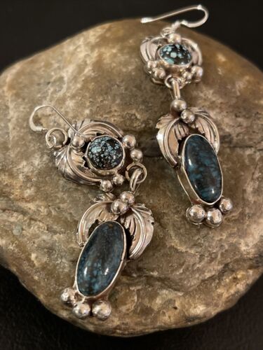 Navajo Spiderweb Turquoise Dangle Earrings | Sterling Silver | Authentic Native American Handmade | 1236
