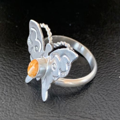 Navajo Orange Spiny Oyster Butterfly Ring | Sterling Silver | Sz Adj 8 | Authentic Native American Handmade | 10350
