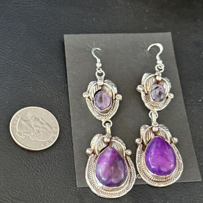 Navajo Purple Sugilite Dangle Earrings | Sterling Silver | 2" | Authentic Native American Handmade | 14461
