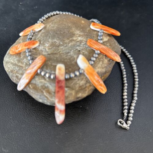 Navajo Spiny Oyster Stick Bead Necklace | Sterling Silver | 20" | Authentic Native American Handmade | 14329