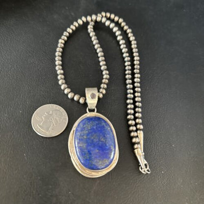 Native American Men's Navajo Pearls Necklace Pendant | Sterling Silver Lapis | 14467