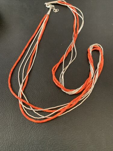 Navajo Coral Tube Beads Liquid Silver Heishi 5-Strand Necklace | Sterling Silver | 02181
