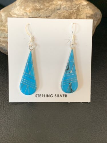 Navajo Blue Turquoise Inlay Dangle Drop Earrings | Sterling Silver | 1.5" | 12310