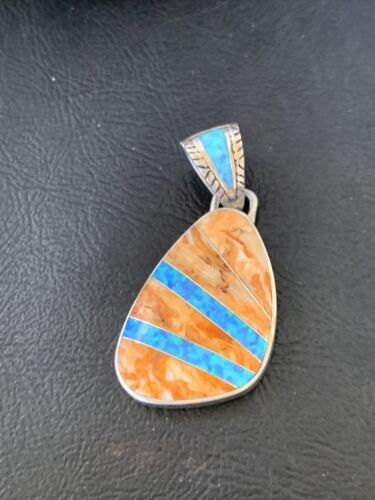 Men's Navajo Orange Spiny Oyster Blue Opal Inlay Pendant | Sterling Silver | Native American Handmade | 12487
