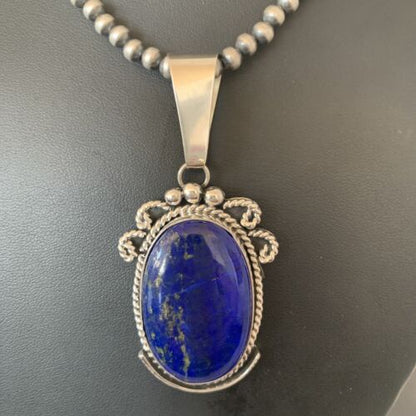 Native American Men's Navajo Pearls Necklace Pendant | Sterling Silver Blue Lapis | 1538