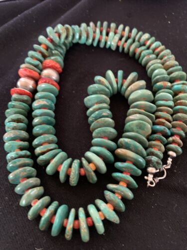 Authentic Native American Navajo Necklace | Sterling Silver | Green Turquoise & Spiny Oyster | 32" | 1670