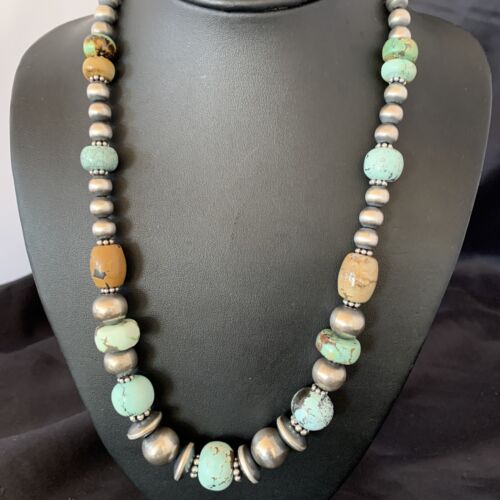 Navajo Pearl Dry Creek Turquoise Beads Necklace | Sterling Silver | 21" | Authentic Native American Handmade | 10980