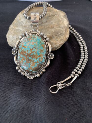 Men's Navajo Pearls Necklace Pendant | Sterling Silver | Blue Turquoise #8 | Authentic Native American Handmade | 526