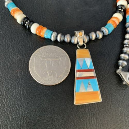 Navajo Multi-Color Turquoise Onyx Inlay Pendant Necklace | Sterling Silver | Authentic Native American Handmade | 13806