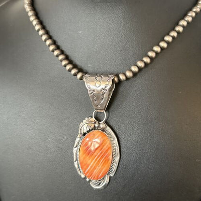 Navajo Orange Spiny Oyster Necklace Pendant | Sterling Silver | Authentic Native American Handmade | 14680