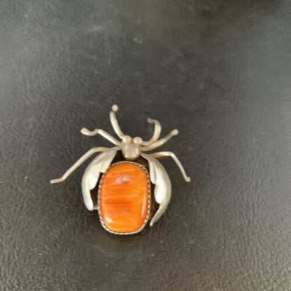 Navajo Spider Pin | Sterling Silver | Orange Spiny Oyster | Authentic Native American Handmade | 13698