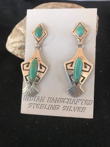 Hopi Turquoise Drop Dangle Earrings | Vintage Old Pawn Sterling Silver | Authentic Native American Handmade | 1123