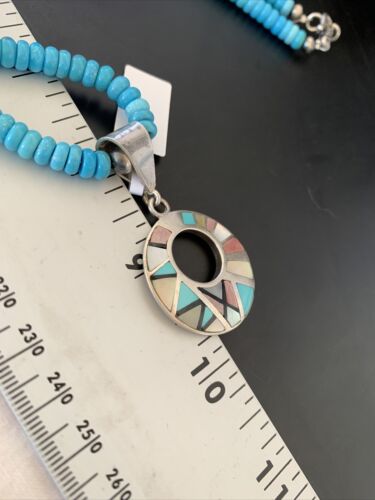 Blue Turquoise & Mother of Pearl Inlay Pendant | Sterling Silver Necklace | Navajo | 8904 - Masha USA
