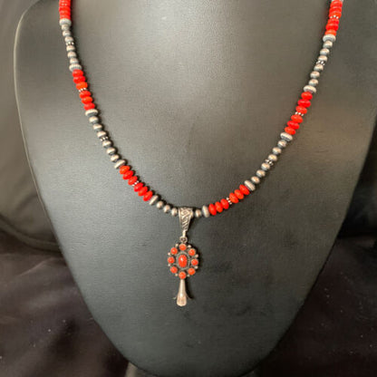 Authentic Navajo Red Coral Naja Pendant Necklace | Sterling Silver | Southwestern Style | 13881