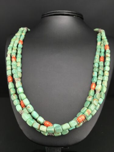 Navajo Green Royston Turquoise Spiny Oyster Necklace | Sterling Silver | 3-Strand 26" | 1140
