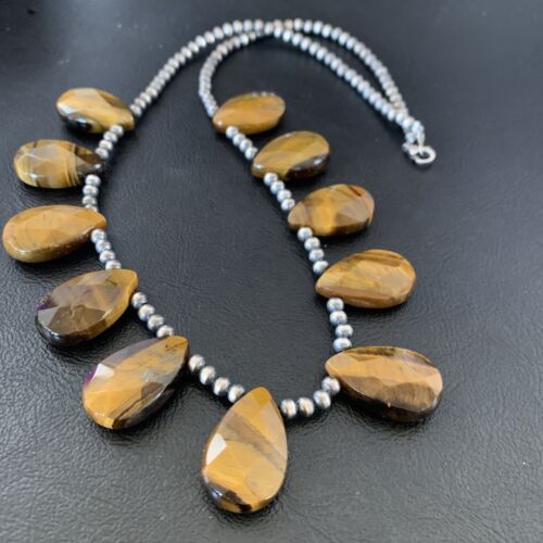 Navajo Pearl Sterling Silver Necklace | Coffee Tiger's Eye Teardrop Pendant | 21" | 11748