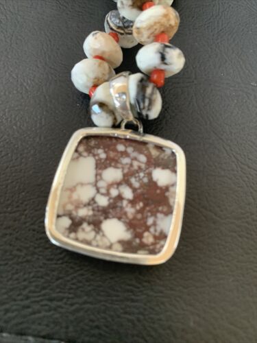 Navajo Coral Wild Horse Turquoise Pendant Necklace | Sterling Silver | Authentic Native American Handmade | 10267