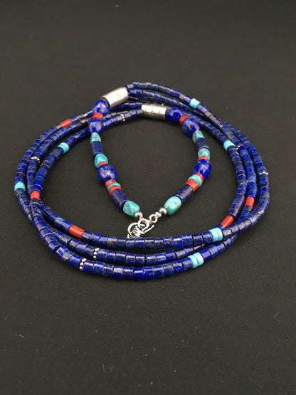 Southwestern Navajo Lapis Turquoise Necklace | 3-Strand | Sterling Silver | 24" | 1332