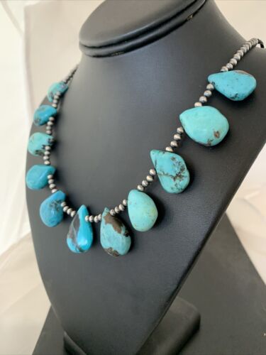 Native American Navajo Pearls Necklace | Sterling Silver Blue Turquoise Teardrop | Authentic Handmade | 942