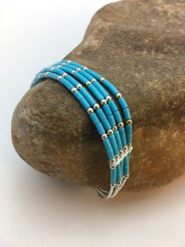 Blue Turquoise Heishi Liquid Silver Bracelet | Sterling Silver | 7" | 5-Strand | 13596