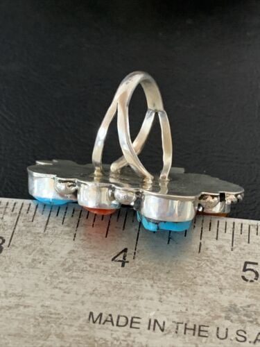 Native American Navajo Sterling Silver Ring | Blue Turquoise & Spiny Oyster | Multi-Stone | Sz 9.5 | 02160