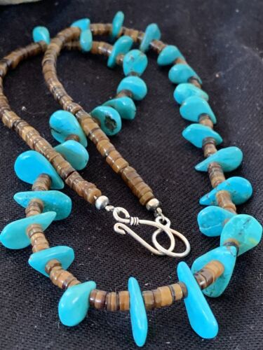 Navajo Blue Turquoise Bone Bead Necklace | Sterling Silver | 20" | Authentic Native American Handmade | 00302