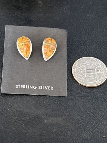 Navajo Orange Spiny Oyster Inlay Earrings | Sterling Silver | Authentic Native American Handmade | 14789