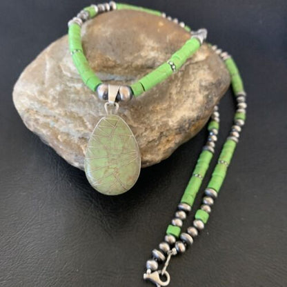 Navajo Green Gaspeite Turquoise Pendant | Sterling Silver | Authentic Native American Handmade | 12286