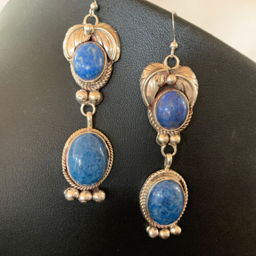 Native American Navajo Denim Lapis Dangle Earrings | Sterling Silver | 2" | 1682