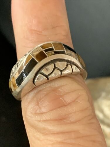 Navajo Black Onyx Coffee Tigers Eye Inlay Ring | Sterling Silver | Sz 7 | 10793