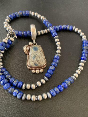 Men's  Navajo Pearls Lapis Azurite Pendant Necklace | Sterling Silver | Authentic Native American Handmade | 01928