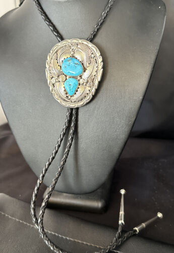 Native American Men's Bolo Tie | Blue Kingman Turquoise | Sterling Silver | Navajo Handmade | 14279